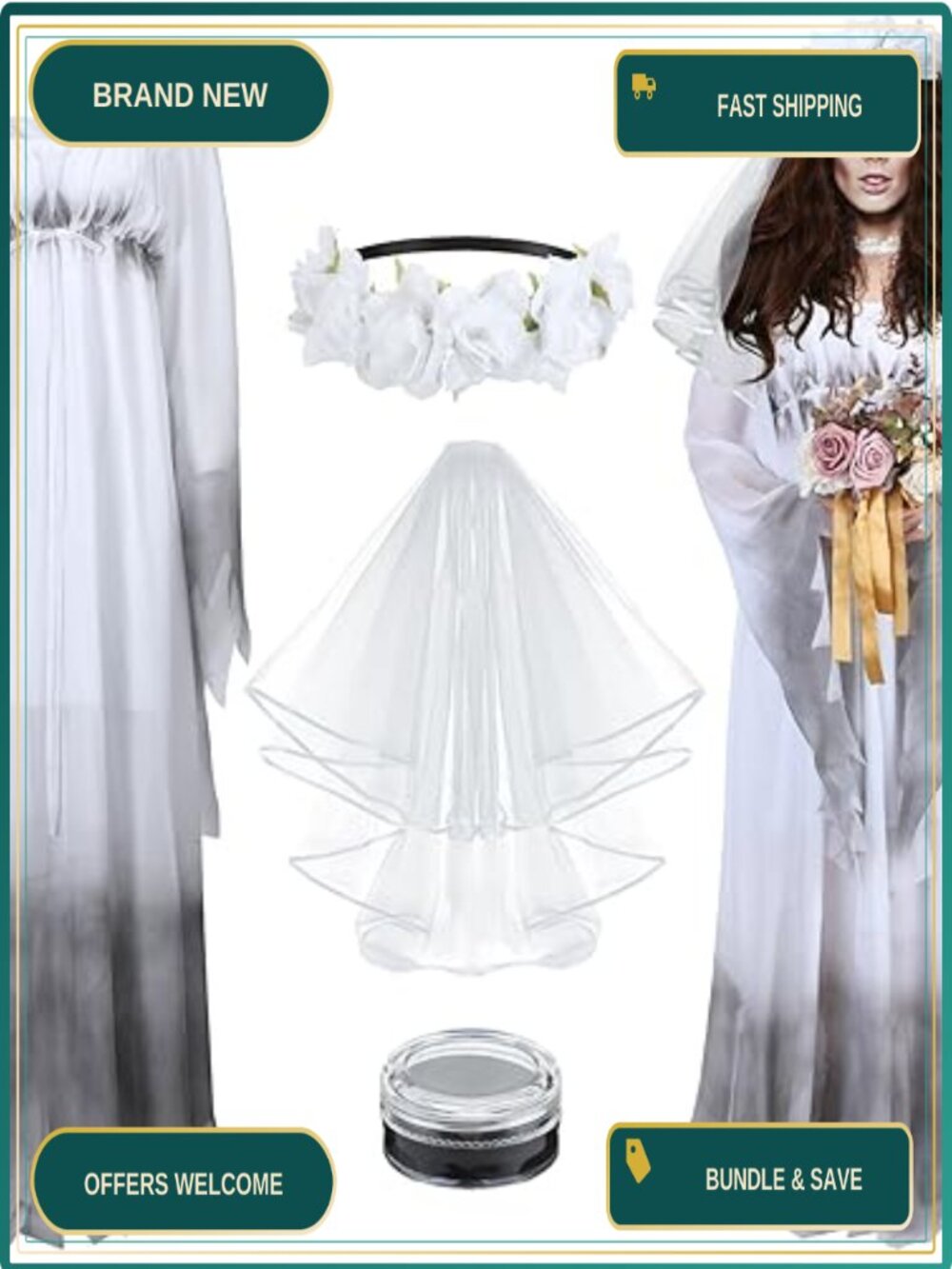 Mepase Ghost Costume Set Polyester Dress Veil Headband Women Halloween